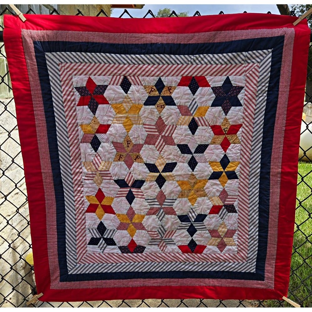 Vintage Handmade Patriotic Star Quilt 36 x 36 Wall Hanging Baby Blanket 1998 EUC